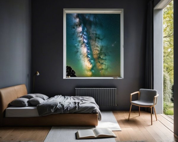 Modern Bedroom with Milky Way View and Cozy Decor