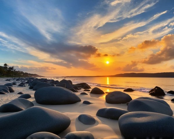 Serene Beach at Sunset with Black Stones and Waves