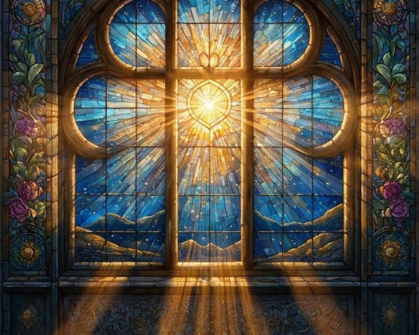 Vibrant Stained Glass Window with Sunburst Design