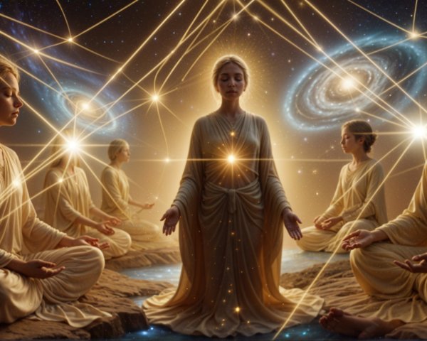 Five Figures Meditating in Cosmic Spiritual Scene