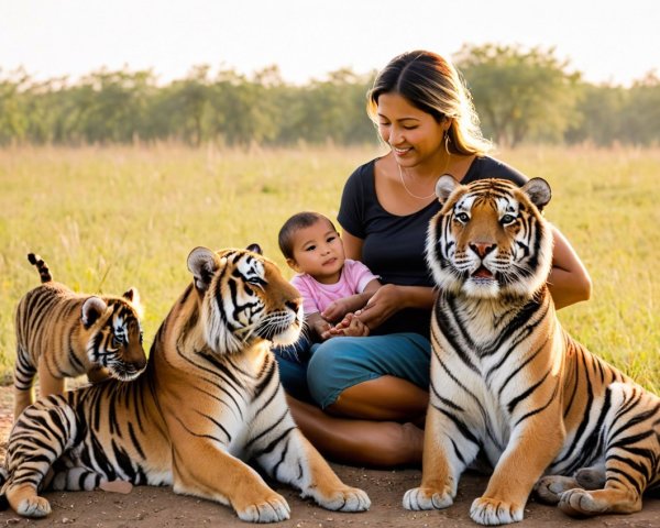 Mother and Baby Amidst Tigers in Serene Landscape