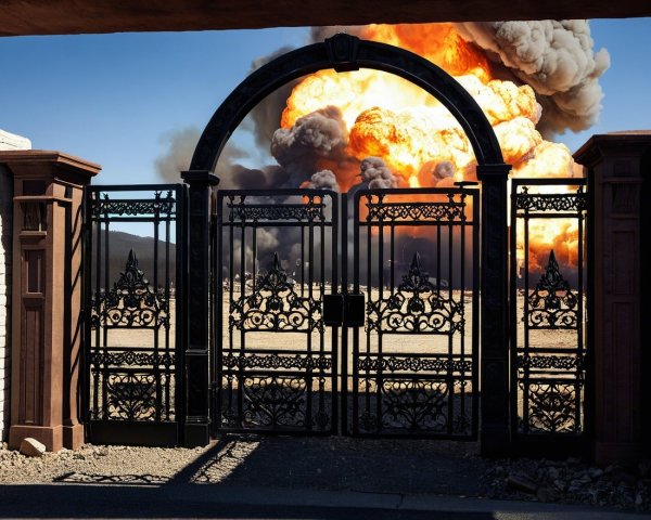 Open Metal Gate Framed by Pillars and Explosion