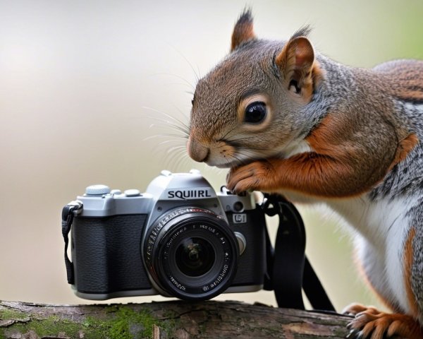 Curious Squirrel Resting Beside a Camera on Moss