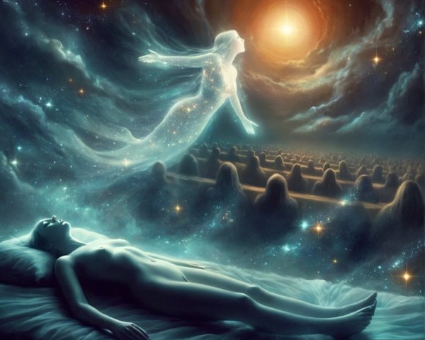 Translucent Spirit Ascends in Cosmic Celestial Scene