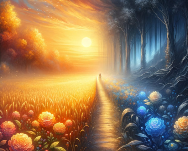 Contrasting Landscape of Sunlit Field and Dark Forest