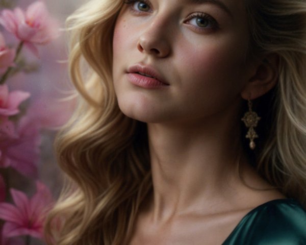 Young woman in green dress among pink flowers