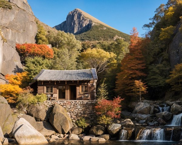 Wooden Cabin Surrounded by Autumn Foliage and Peaks