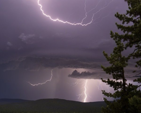 Dramatic Storm Scene with Lightning and Pine Tree