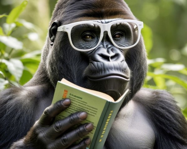 Gorilla in Glasses Reading Book in Lush Greenery
