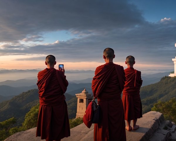 Monks in Red Robes Overlooking Misty Mountains at Dawn
