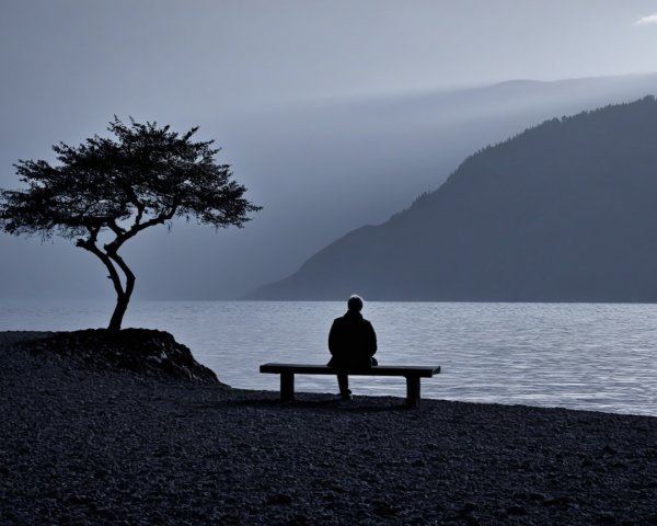 Solitary Figure by Tranquil Lakeside Landscape