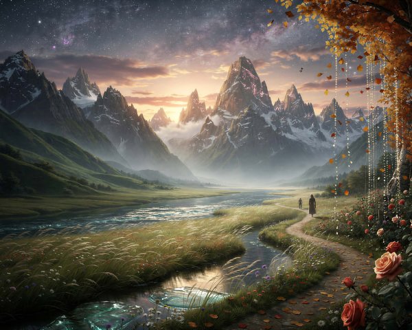 Fantasy Landscape with River and Snow-Capped Mountains