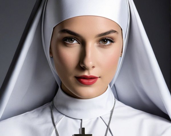 Young Woman in White Nun Habit with Silver Cross Pendant