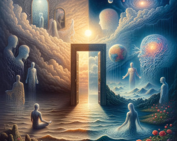 Surreal Split Landscape with Ethereal and Serene Figures