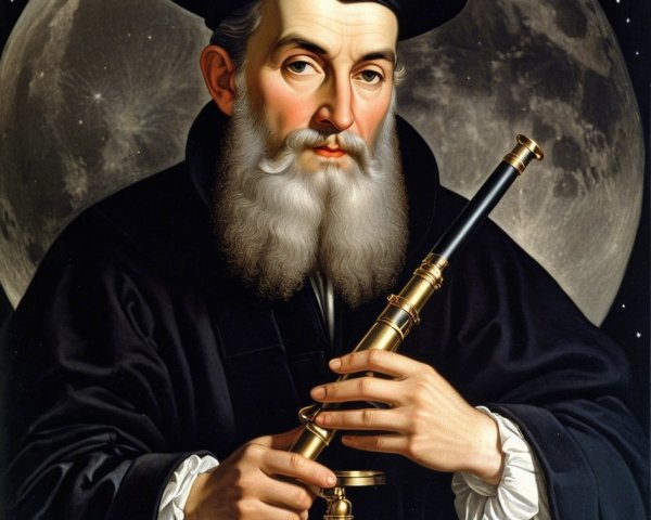 Elderly Man with Telescope Under a Full Moon