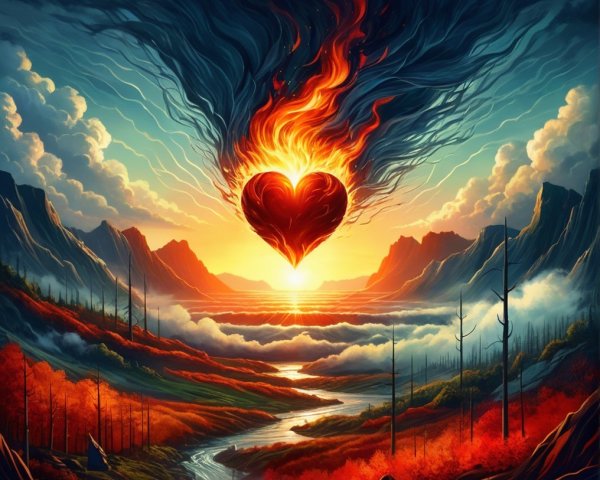 Vibrant Landscape with Fiery Heart and Majestic Mountains