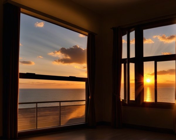 Tranquil Room with Ocean Sunset and Elegant Decor