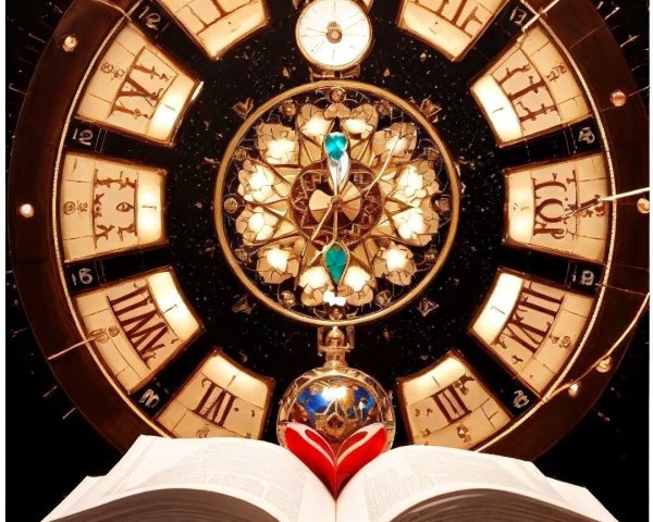 Ornate gold clock with compass rose and heart illustration