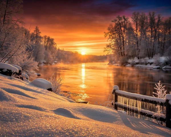 Golden Sunset Over River in Snowy Landscape