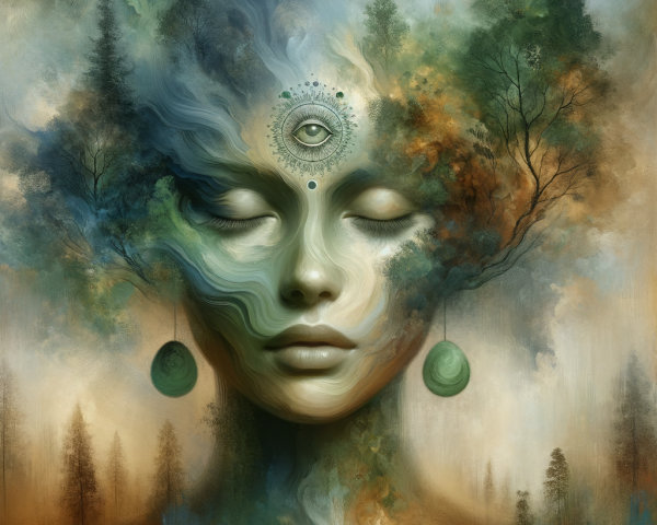 Serene Woman Merging with Colorful Landscape Elements