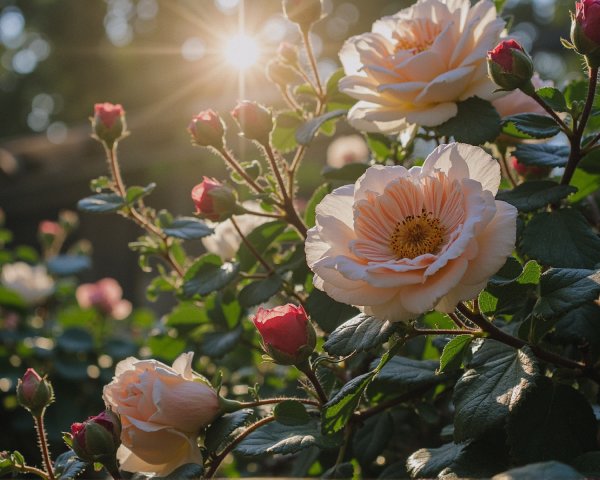 Blooming pink and cream roses among green leaves