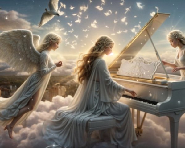 Angels Playing Piano in Serene Celestial Scene