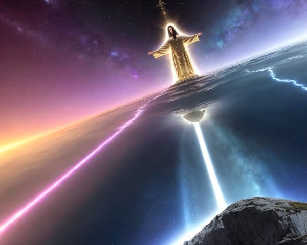 Celestial Scene with Radiant Figure Above a Planet