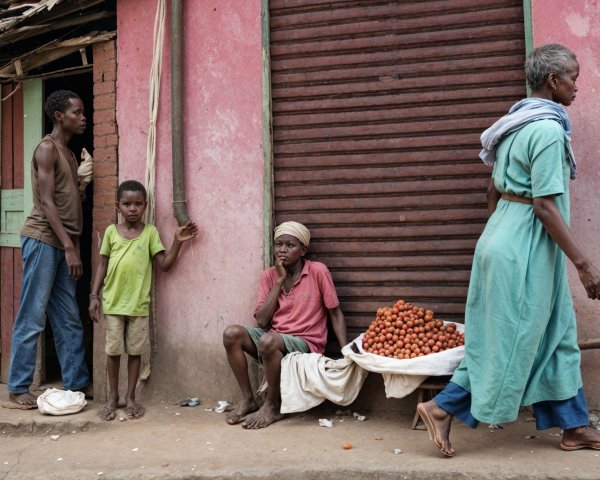Vibrant street scene with people and colorful backdrop