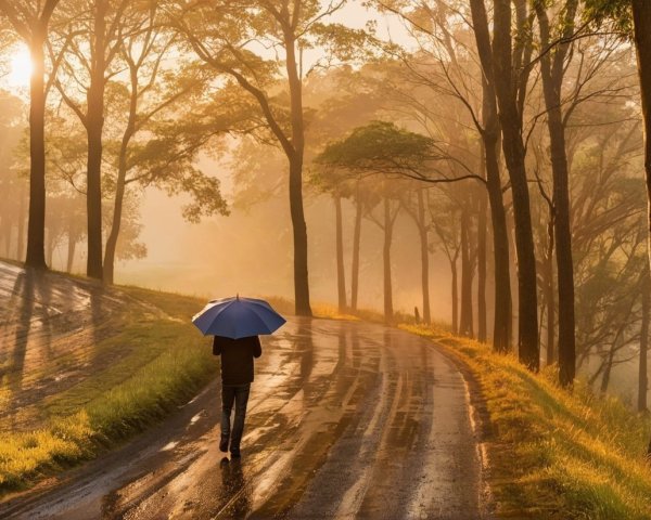 Lone Figure on a Foggy Road with Umbrella and Trees