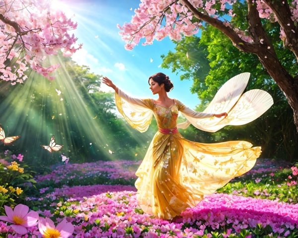 Elegant figure in golden gown among vibrant blossoms