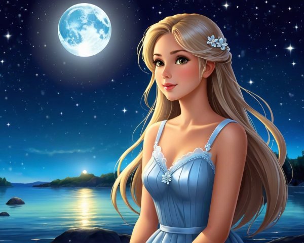 Young Woman in Blue Dress by Moonlit Waterfront