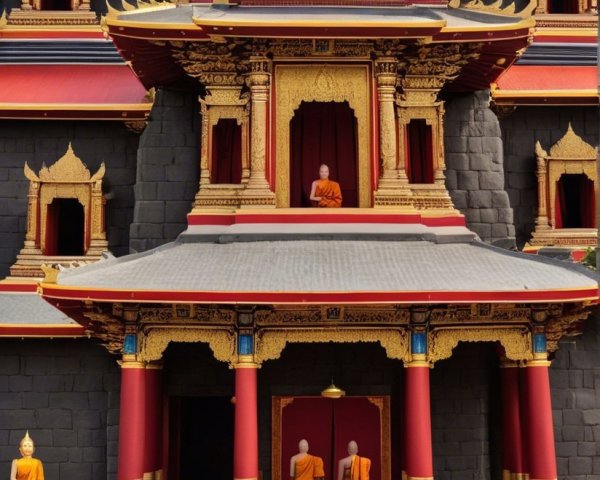 Temple Exterior with Gold Detailing and Monks
