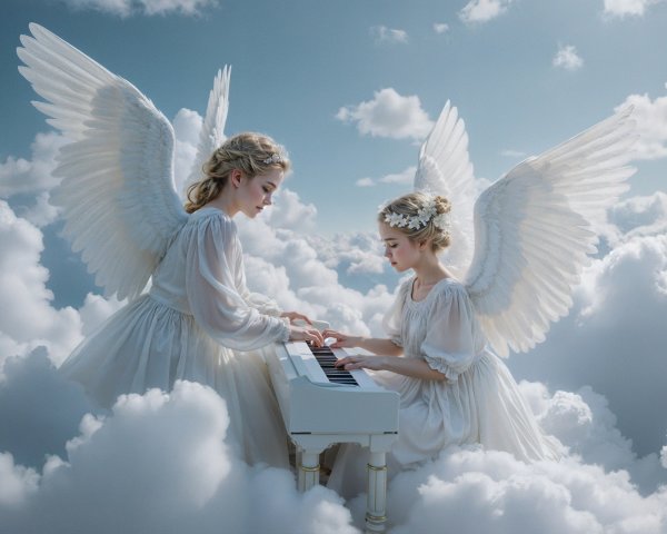 Angels Playing Piano in a Dreamlike Cloud Setting