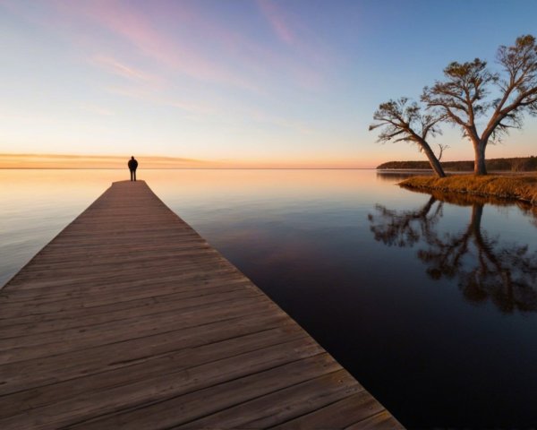 Wooden Dock at Sunset Over Calm Waters with Figure