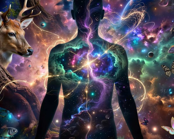 Neon Human Silhouette with Cosmic Elements and Wildlife