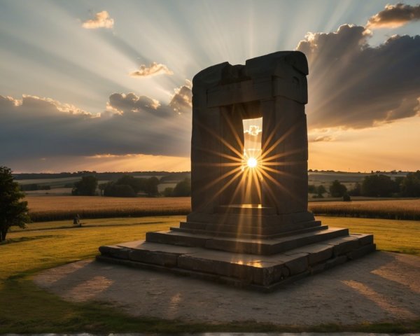 Monument Surrounded by Sunset Rays and Dramatic Clouds