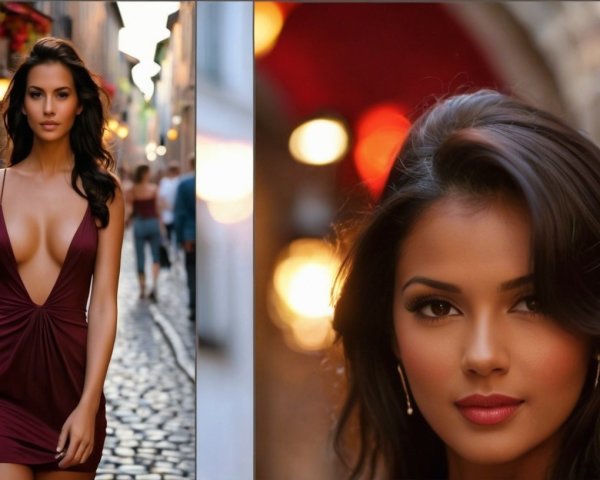 Glamorous Model in Burgundy Dress on Cobblestone Street
