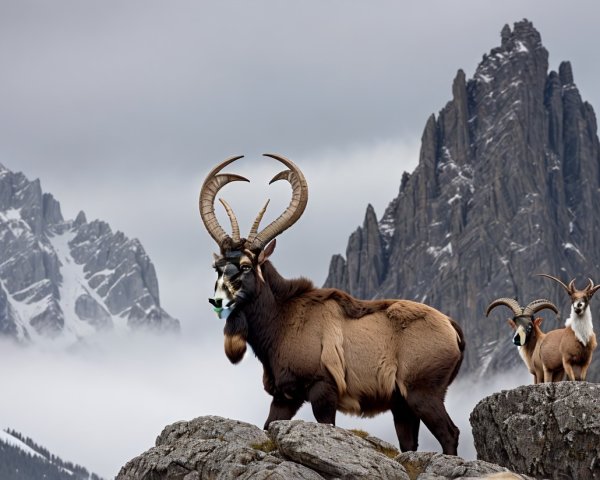 Wild Mountain Goats on Rocky Terrain with Misty Mountains