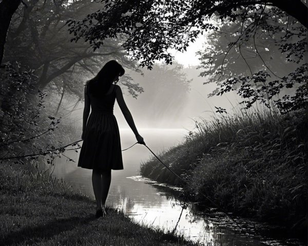Silhouette of Woman by Tranquil River with Mist