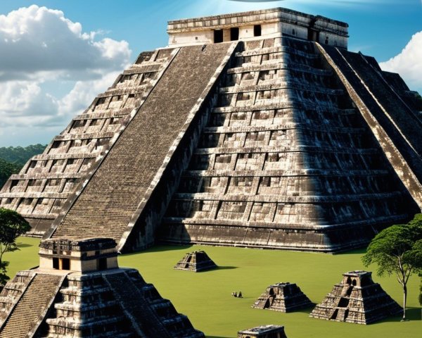 Pyramid Landscape with UFO and Lush Greenery