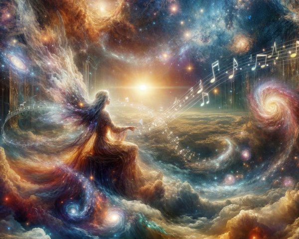 Celestial Scene with Figure and Swirling Galaxies