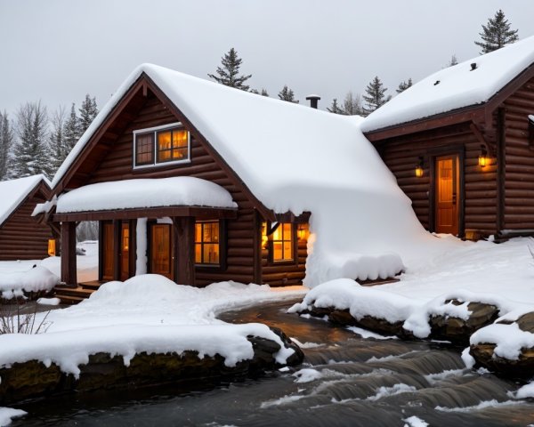 Winter Scene with Log Cabins and Snowy Landscape