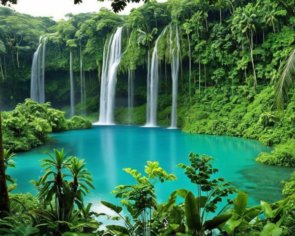 Tropical Landscape with Cascading Waterfalls and Pool