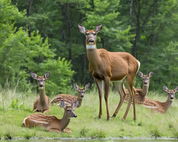 Deer Family in a Lush Green Meadow Scene