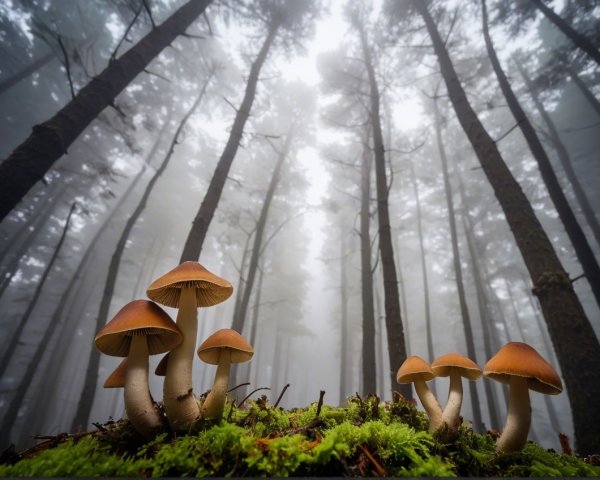 Misty Forest with Tall Trees and Vibrant Moss