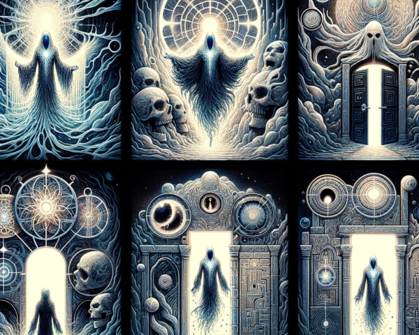 Surreal Collage of Ethereal Figures and Cosmic Themes