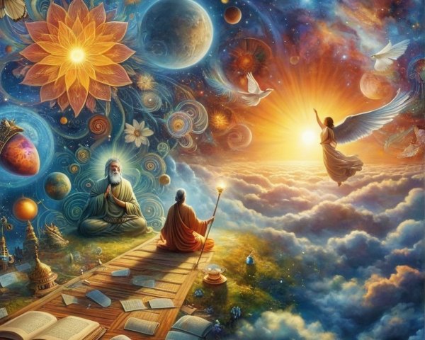 Cosmic Scene with Meditating Figures and Vibrant Elements