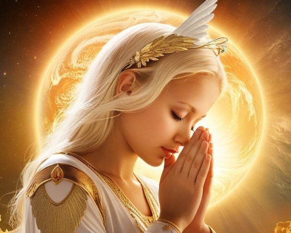 Serene figure in prayer with glowing halo and clouds