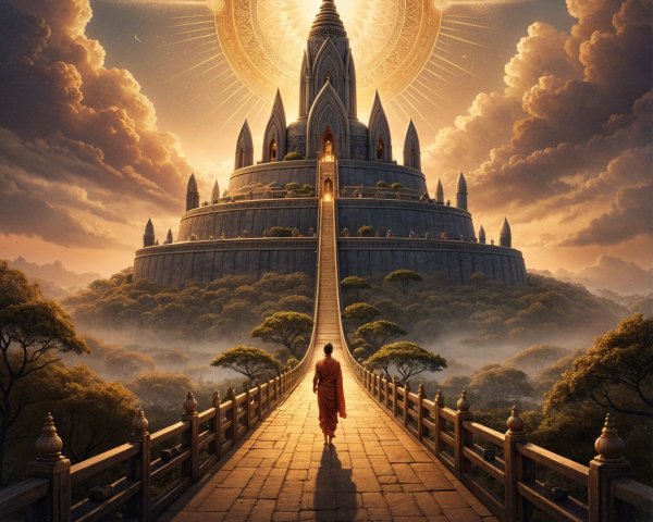 Buddhist Monk Approaching Majestic Golden Temple