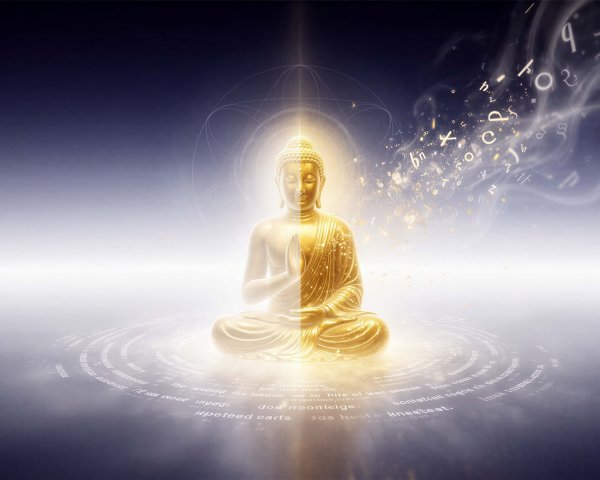 Golden Buddha Statue with Ethereal and Textured Halves